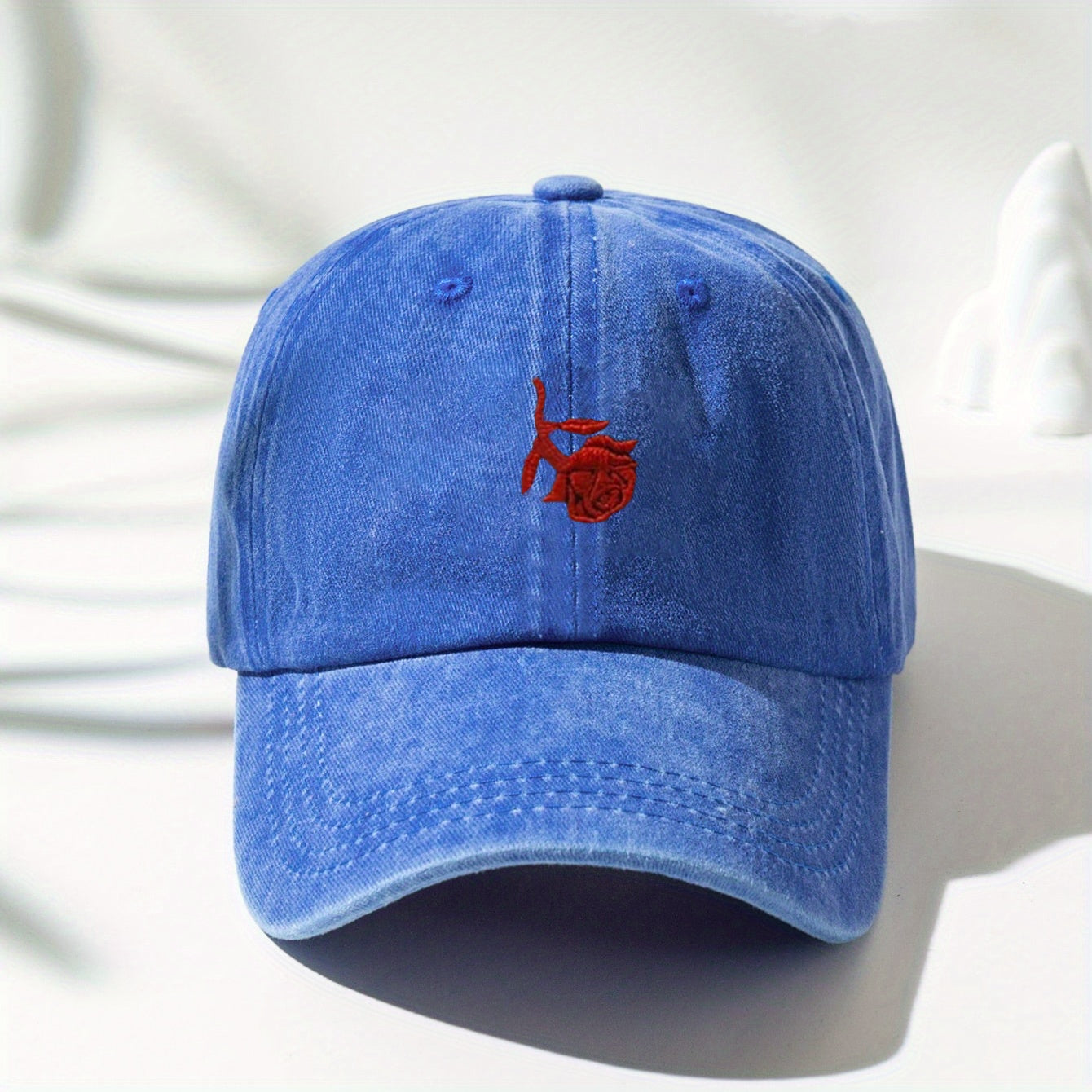 Red Rose Embroidery Baseball Cap Washed Distressed Sports Hat