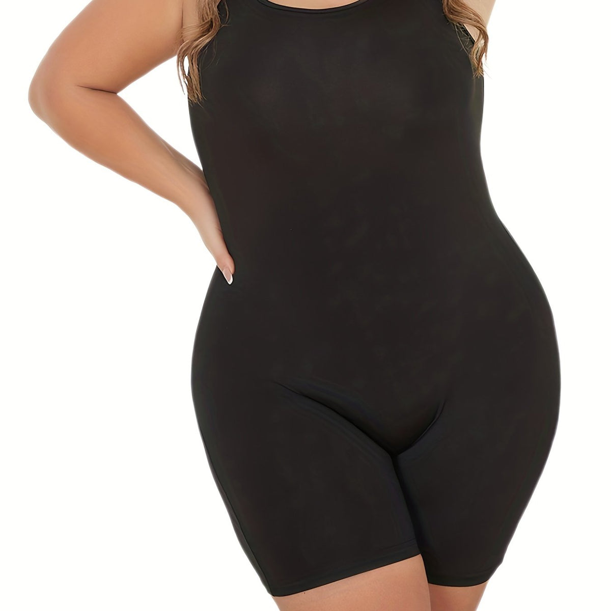  Casual Cami Romper Women's Plus Solid Round Neck Skinny Romper