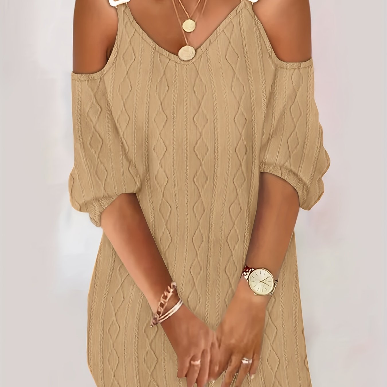 Casual Dress Women's Plus Solid Cable Cold Shoulder V Neck Dress