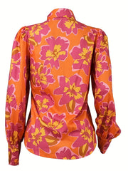  Floral Print Button Up Lantern Sleeve Blouse