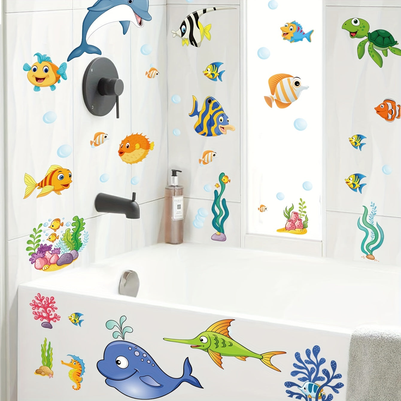 Ocean Fish Dolphin Stained Glass Privacy Film Non-Adhesive UV Blocking