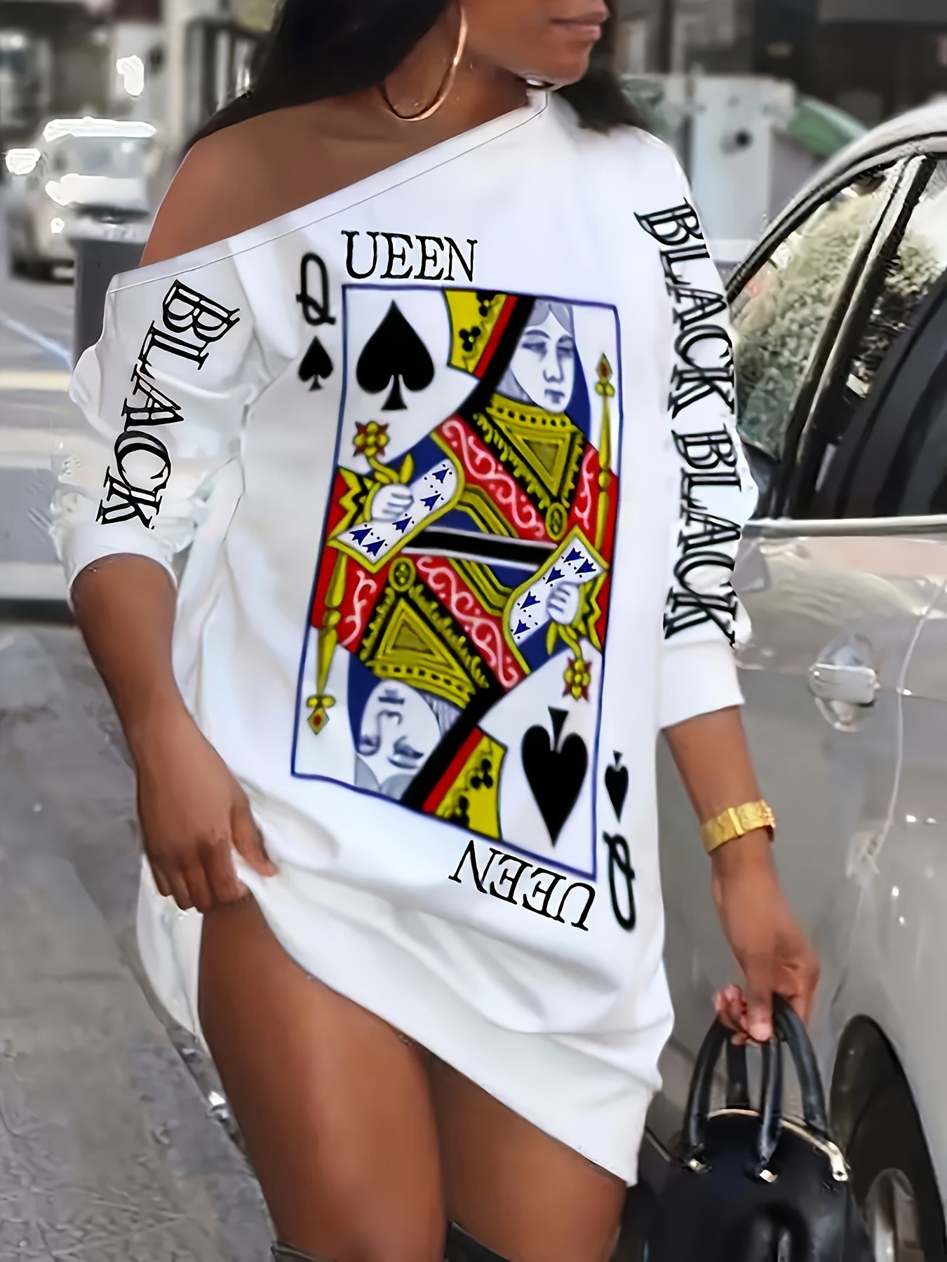  Casual Dress Women's Plus Letter & Poker Print Long Sleeve Dress