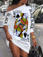  Casual Dress Women's Plus Letter & Poker Print Long Sleeve Dress