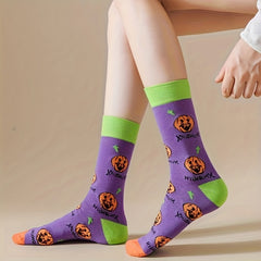 5 Pairs Pumpkin & Skull Print Socks Funny Halloween Crew Socks Women's Stockings