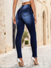Dark Wash Skinny Jeans High Rise Stretchy Distressed Pants