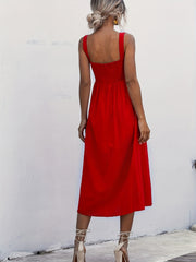 Women Solid Midi Long Dress Backless Slip Square Collar Ruched Party