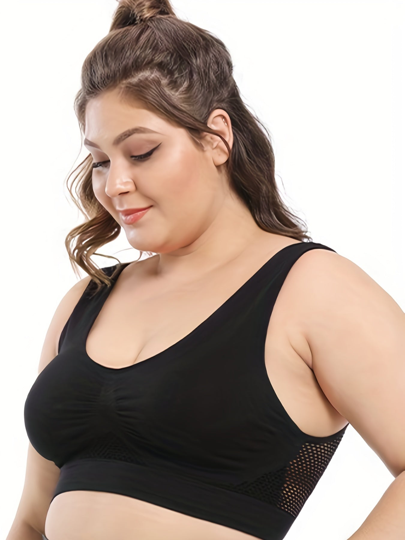 5 Pack Plus Size Sports Bra Set Women's Solid Wireless Hollow Mesh Elastic Basic