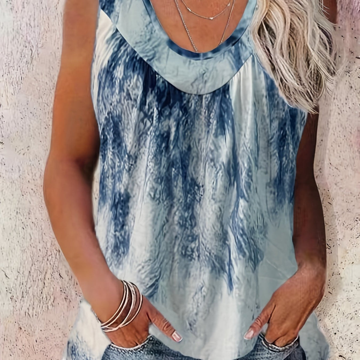  Tie Dye Round Neck Stretch Tank Top