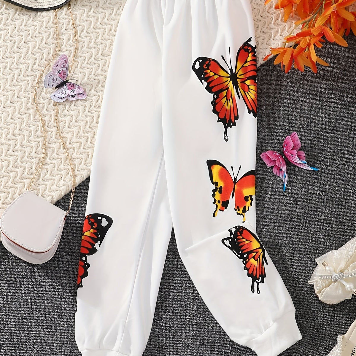Girls Butterfly Print Jogger Pants for Spring/Fall