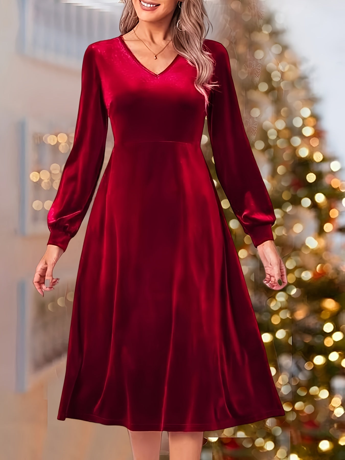  Velvet Long Sleeve V Neck Dress