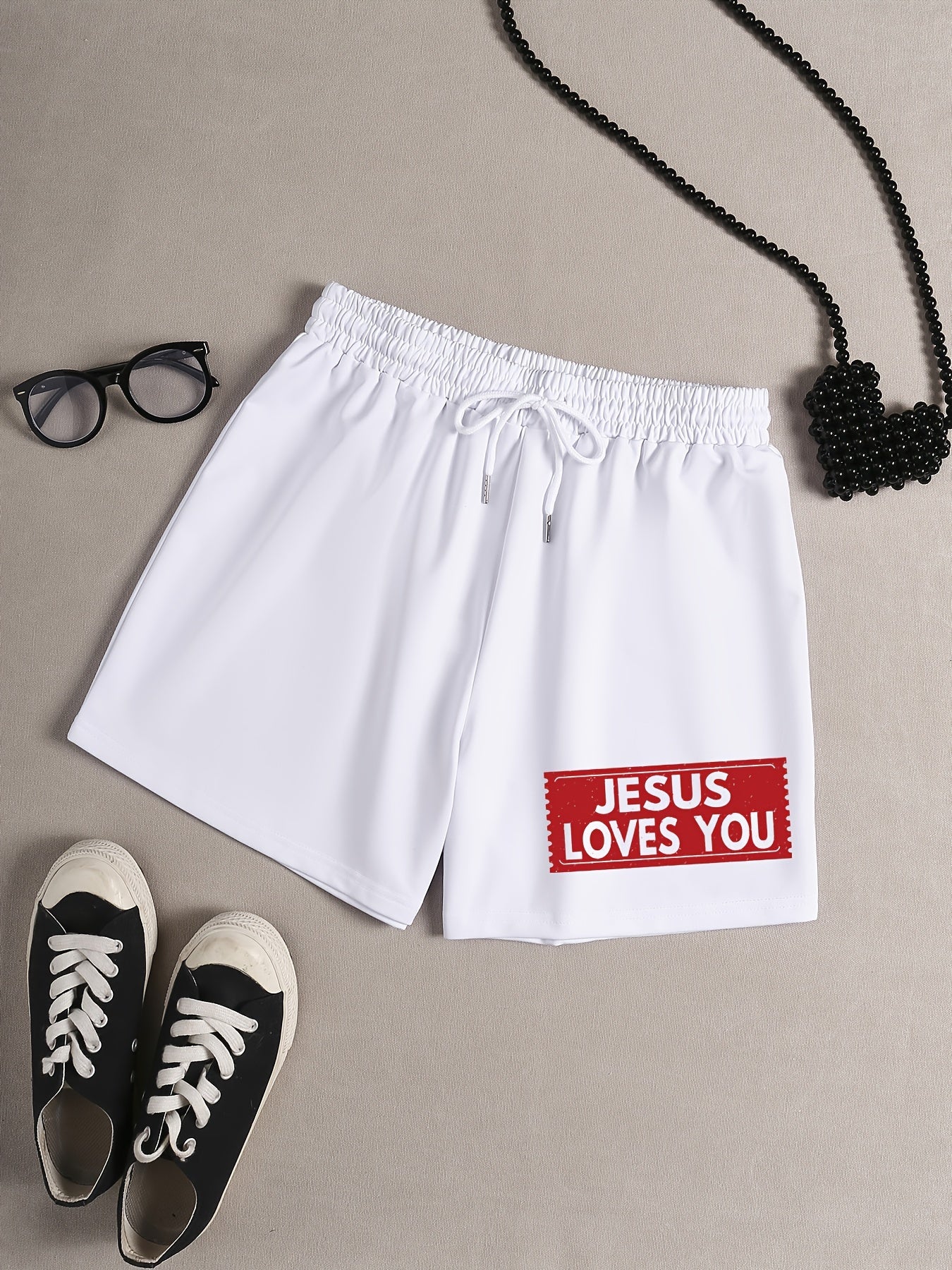 JESUS Letter Print Sleep Bottoms Casual Drawstring Lace Up Shorts