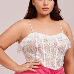  Lace Ruffle Cami Top Semi Sheer Sexy Plus Women