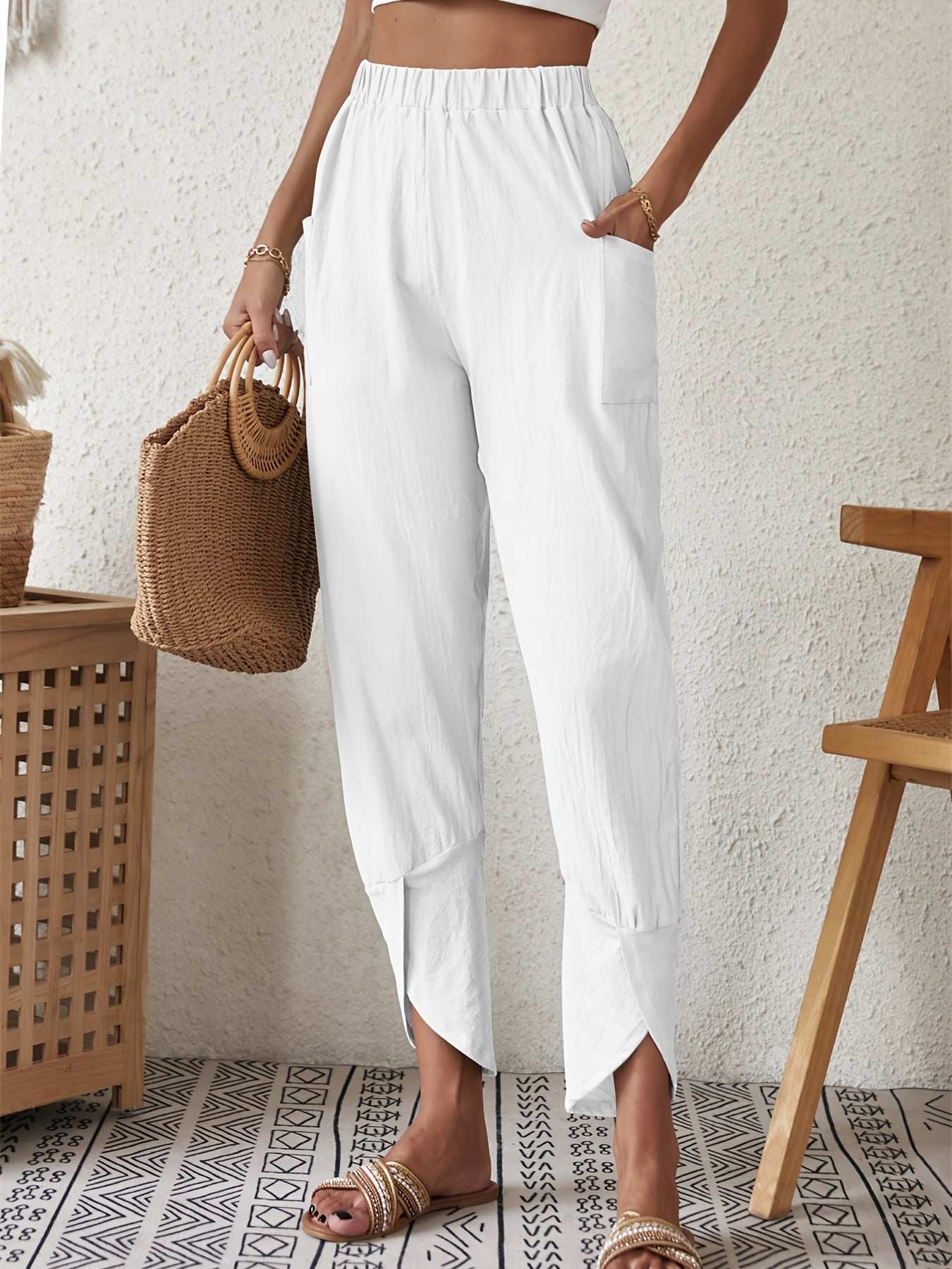 Solid Elastic Waist Pants Casual Loose Beach Pants With Pockets