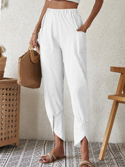 Solid Elastic Waist Pants Casual Loose Beach Pants With Pockets