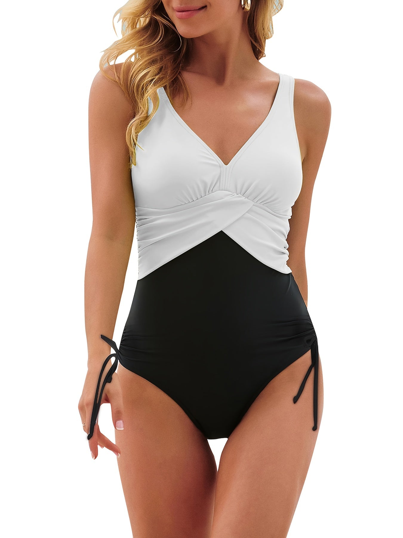 Ruched One Piece Swimsuit Drawstring Tie Side High Cut Bathing Suit