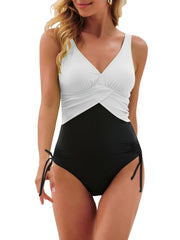 Ruched One Piece Swimsuit Drawstring Tie Side High Cut Bathing Suit
