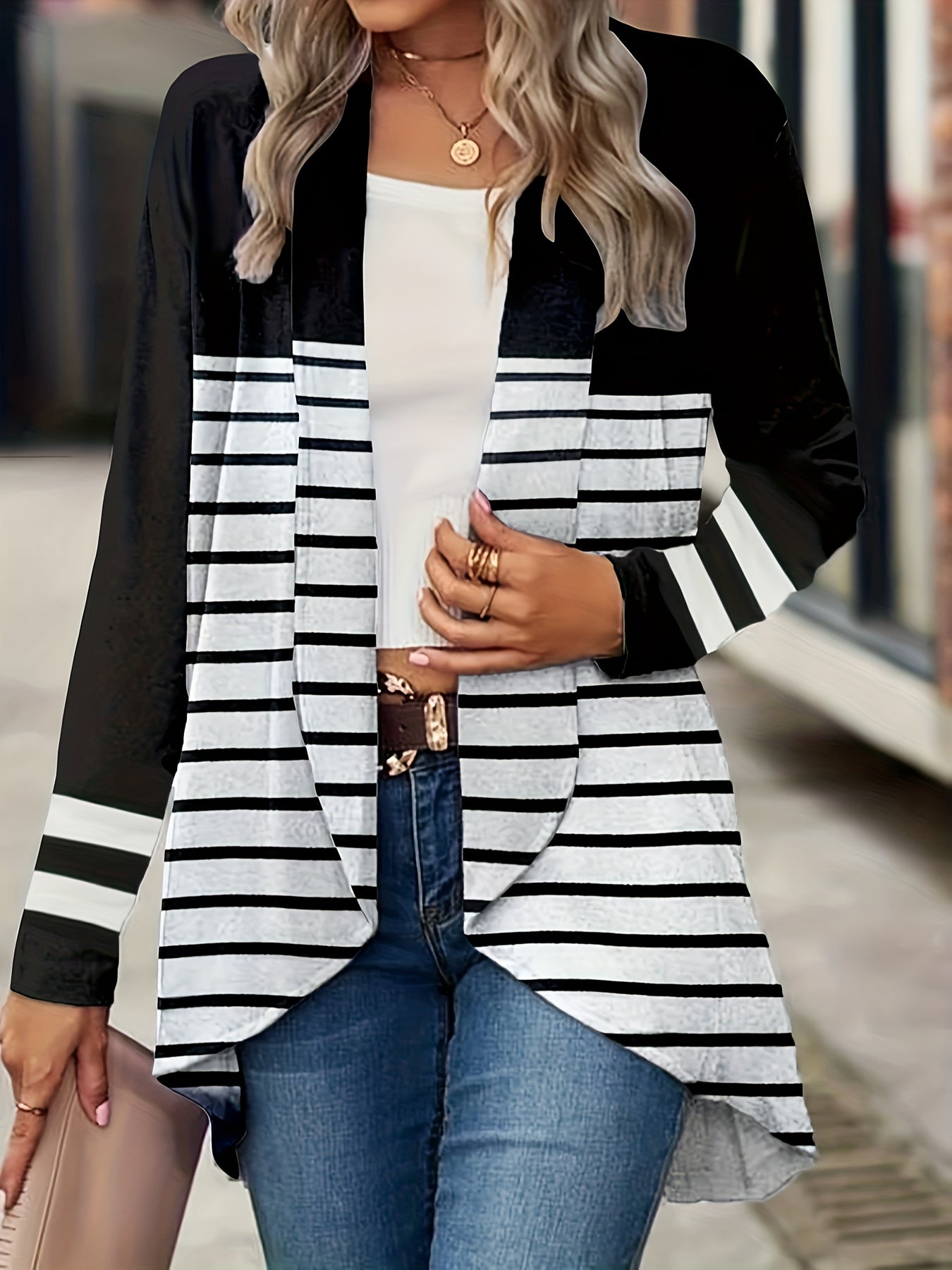  Colorblock Striped Long Sleeve Cardigan
