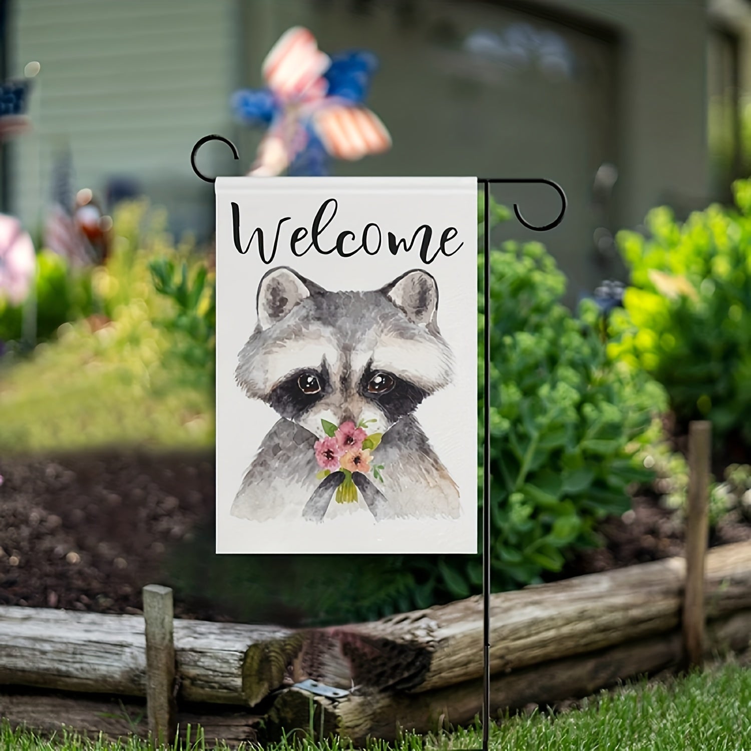 Raccoon With Flowers Garden Flags Spring Double Sided Polyester Yard Flag