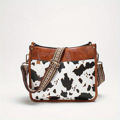 Cow Pattern Shoulder Bag Faux Leather Crossbody Bag with Vintage Strap