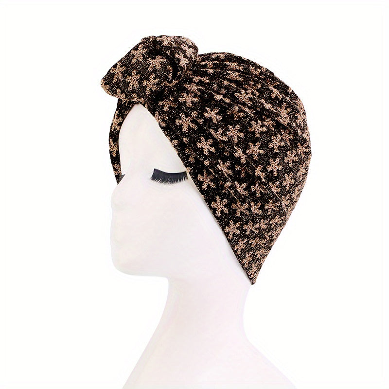 Glitter Flower Jacquard Turban Cap Solid Knotted Hijab Head Wraps