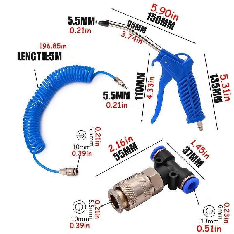 Mini European Type Dust Blows Hose Set Air Blow Gun Steel Nozzle