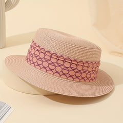 Pink Ribbon Decor Straw Hat Flat Top Jazz Sun Hat