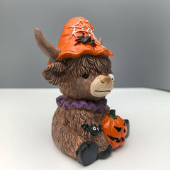Spooky Highland Cow Halloween Figurines with Witch Hats