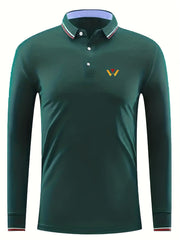 Men's Geometry Print Long Sleeve Polo Shirt Casual Slightly Stretch Breathable