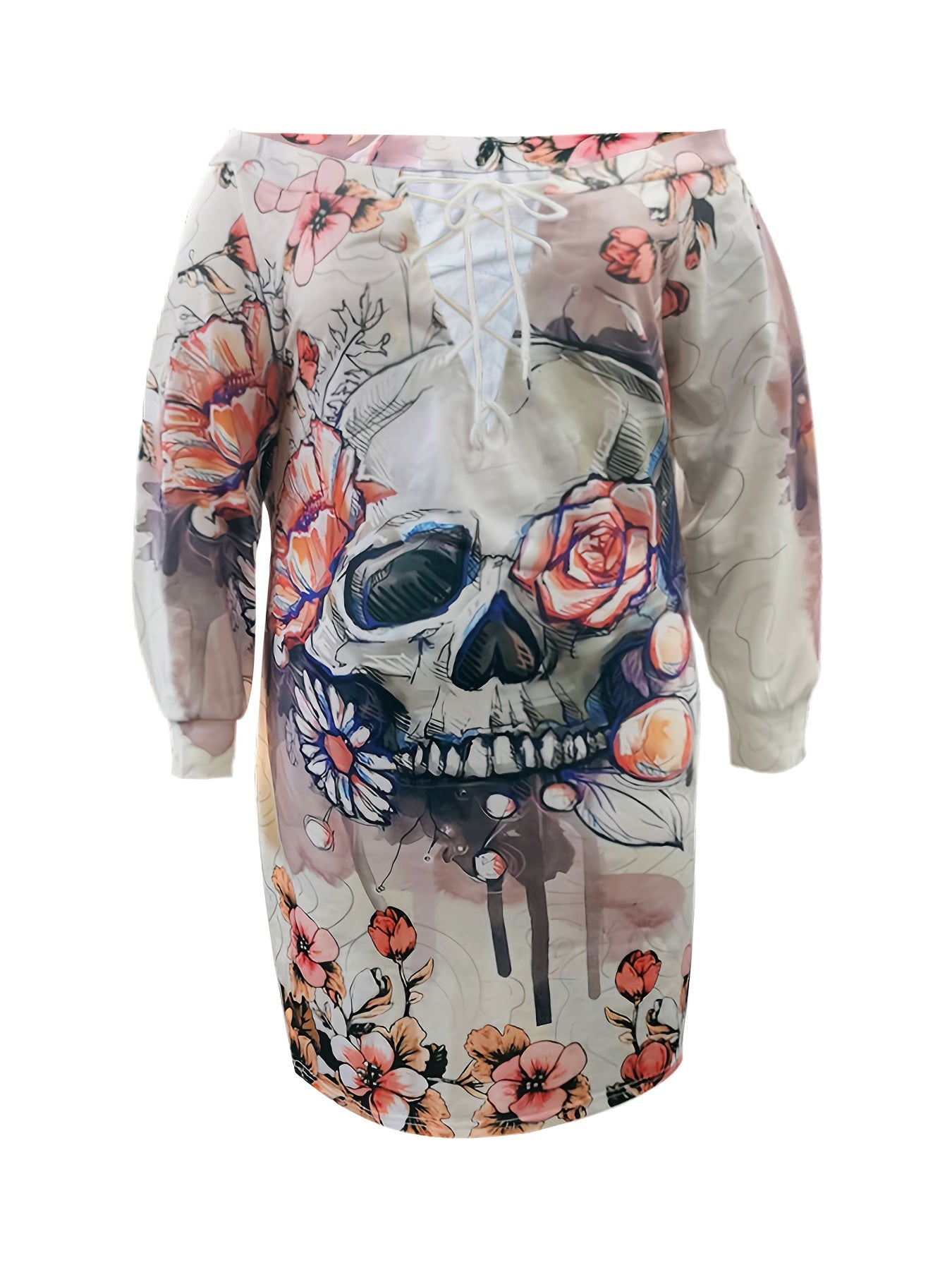  Floral Skull Print Lace Up Off Shoulder Long Sleeve Dress