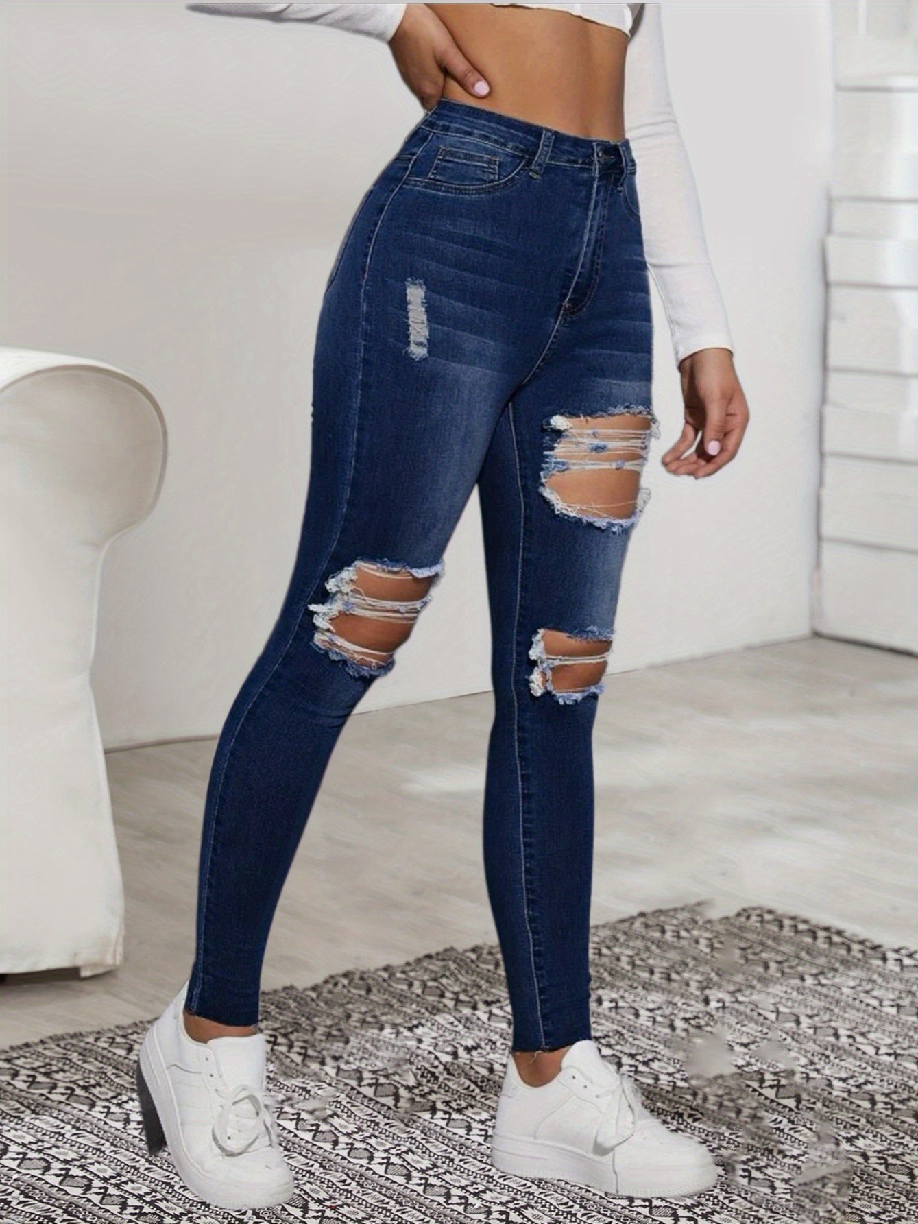 High Rise Distressed Skinny Jeans Slim Fit Denim Pants