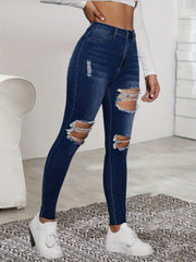 High Rise Distressed Skinny Jeans Slim Fit Denim Pants