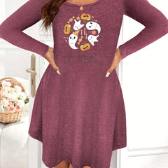  Cartoon Pumpkin & Ghost Print Long Sleeve Nightdress