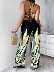 Tropical Print Suspender Jumpsuit for Women