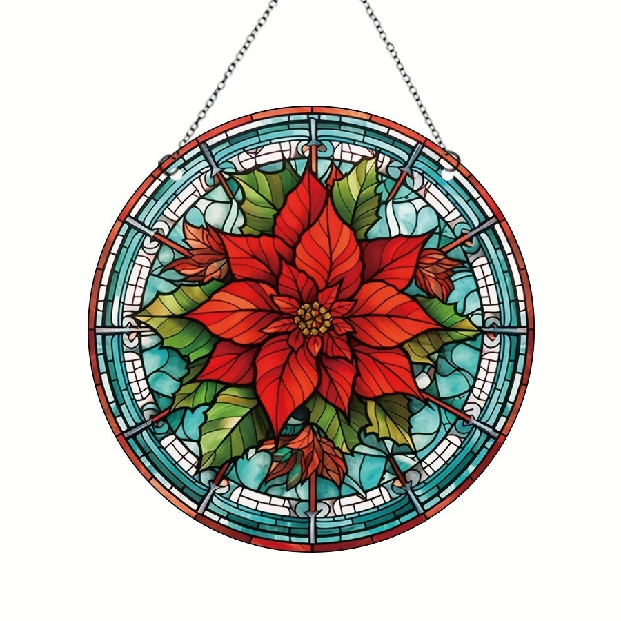 Christmas Acrylic Window Decoration Red Flowers Stained Glass Panel