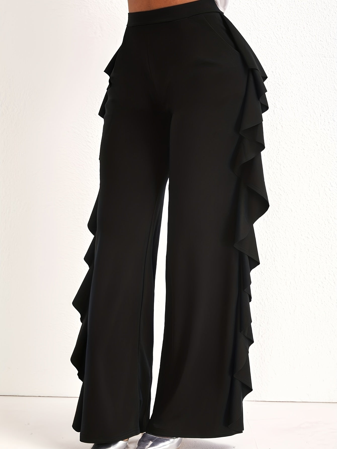  Ruffle Trim Wide Leg Pants with Pockets