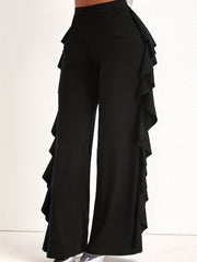  Ruffle Trim Wide Leg Pants with Pockets