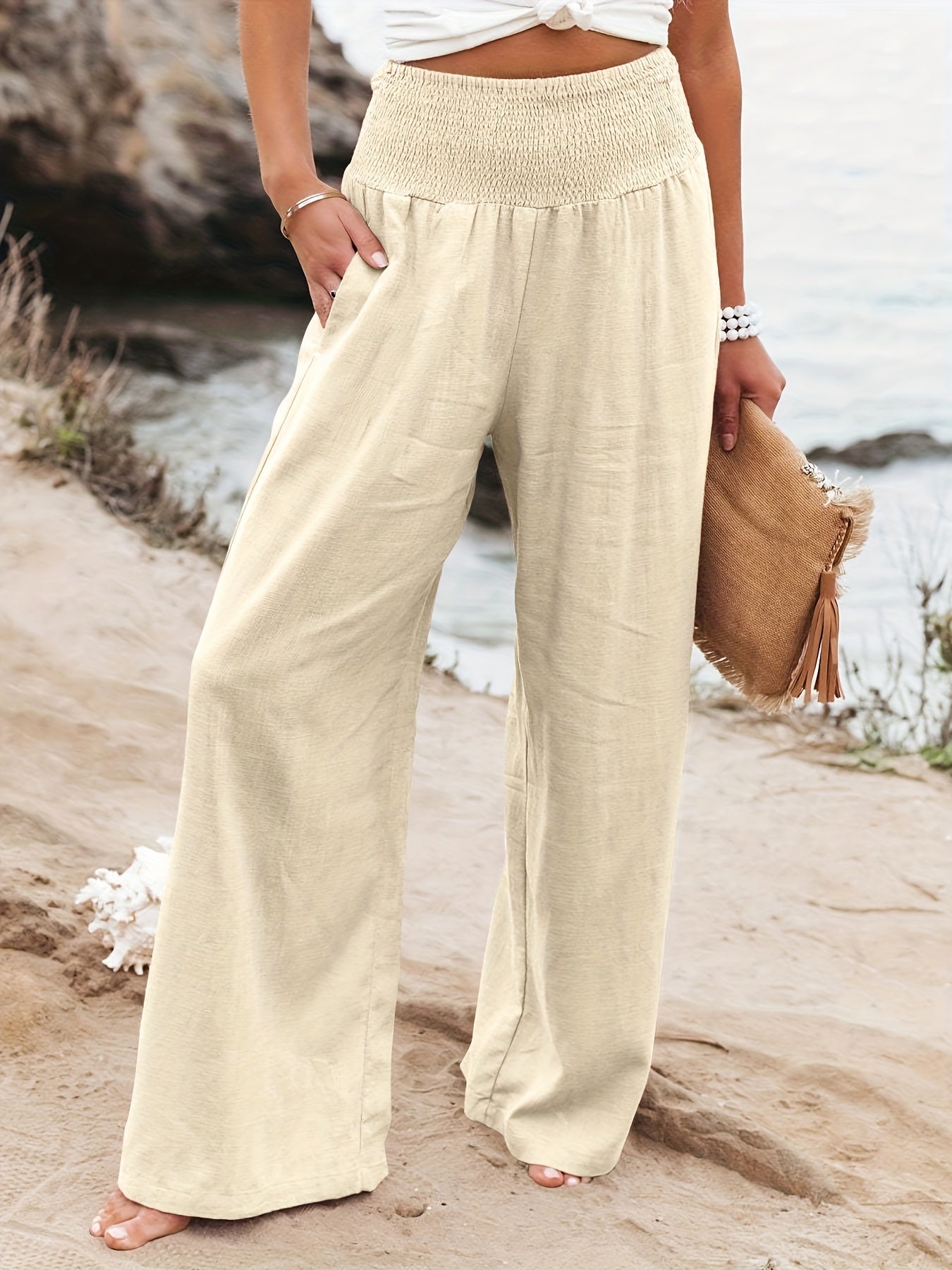 Solid Elastic Waist Wide Leg Pants for Women