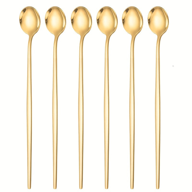 6pcs Stainless Steel Ice Tea Spoons Long Handle Golden Mirror Finish