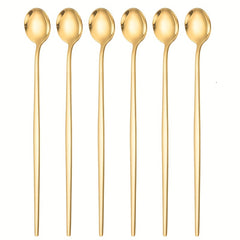 6pcs Stainless Steel Ice Tea Spoons Long Handle Golden Mirror Finish