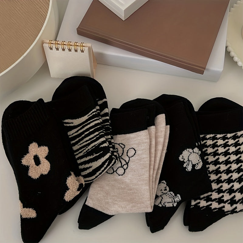5 Pairs Bear & Floral Print Mid Tube Socks Women's Stockings