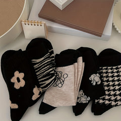 5 Pairs Bear & Floral Print Mid Tube Socks Women's Stockings