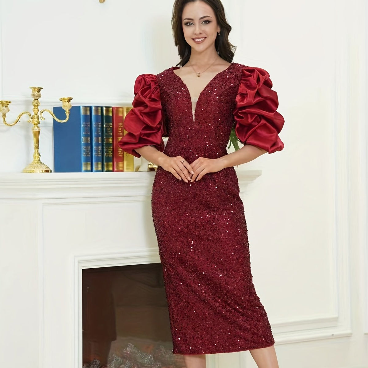 Sequined Bridesmaid Dress V neck Dress For Wedding Party