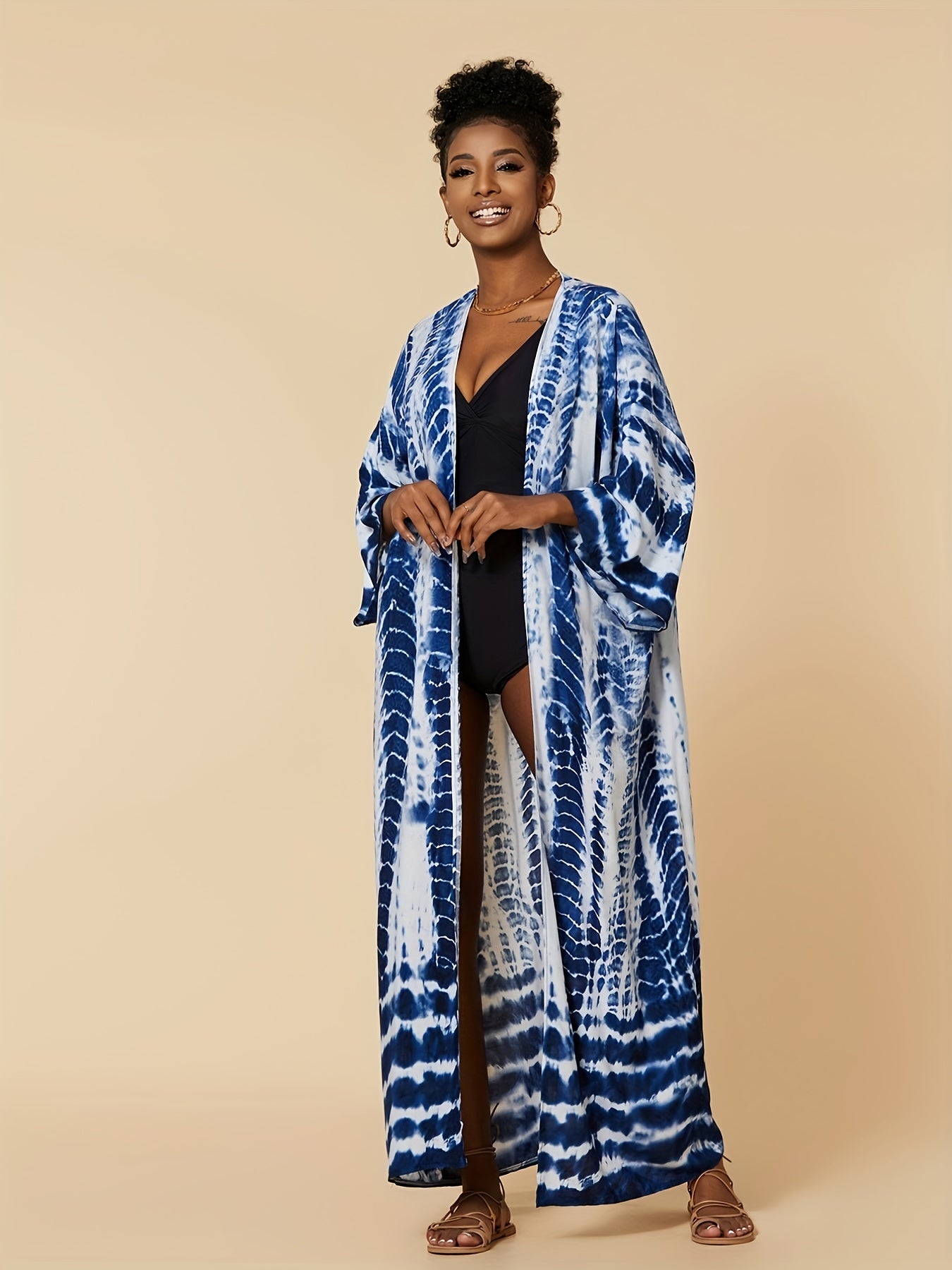 Tie Dye Cover Up Shirt V Neck Loose Fit Kimono Beachwear Boho Style Women's Swim