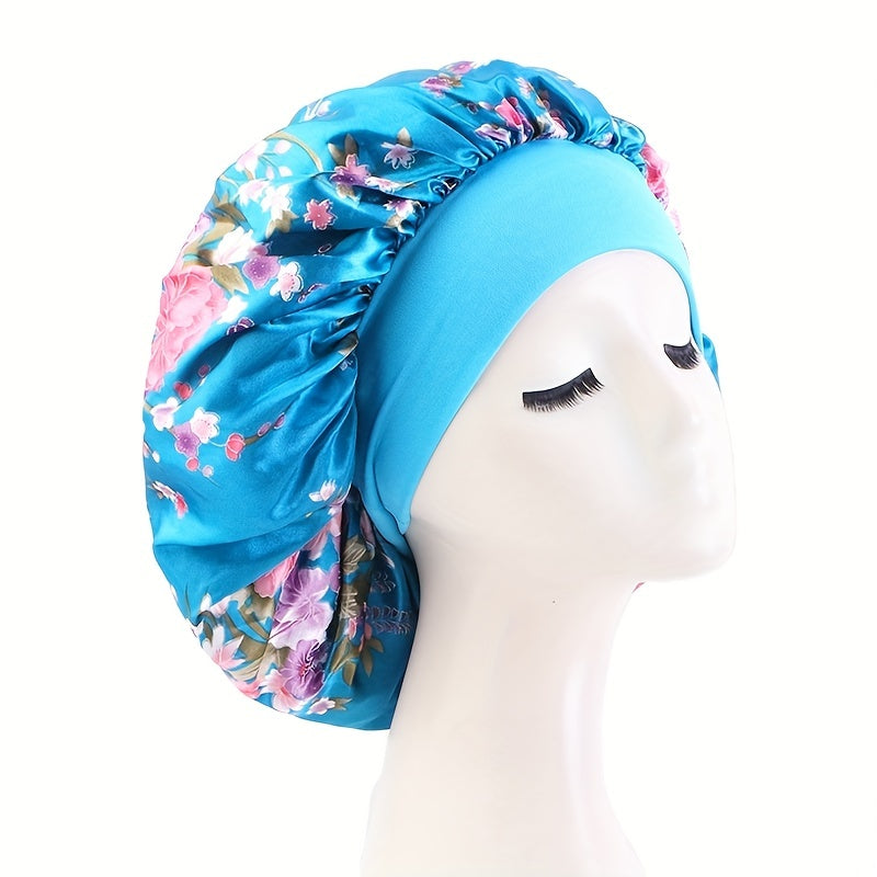 Floral Print Satin Bonnet for Women Elastic Hair Bonnet Cap