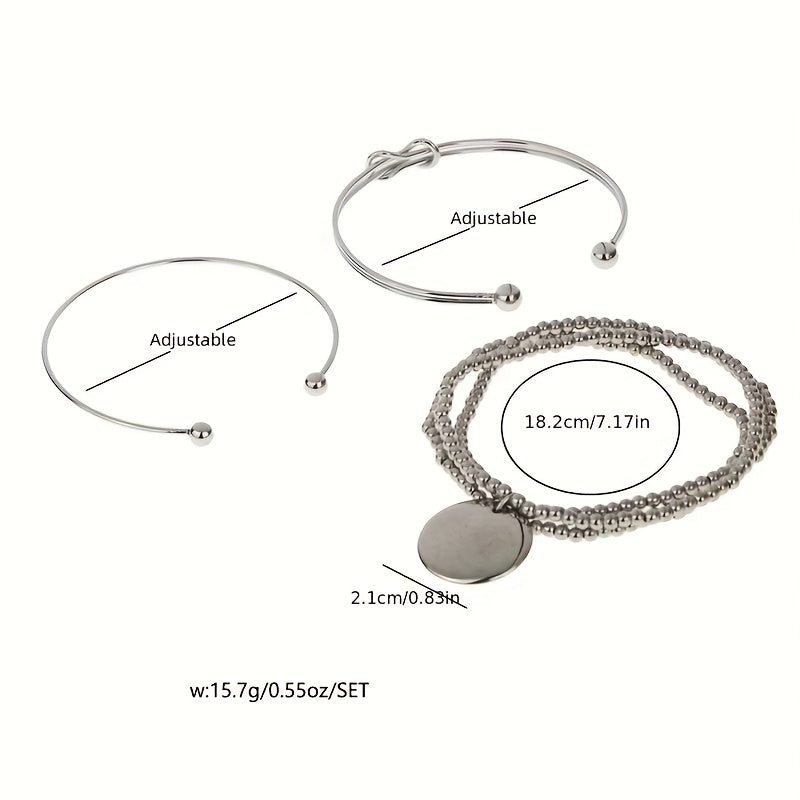 3pcs Set Silver Knotted Beaded Multilayer Bracelet Two Bangles One Bracelet