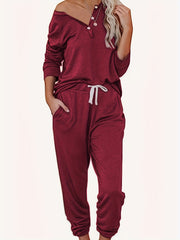  Women's Solid Button Top & Drawstring Pocketed Pants Set
