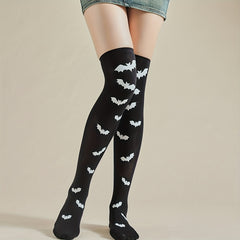 Bat Print Thigh High Socks Halloween Funny Over The Knee Socks Women's Stockings