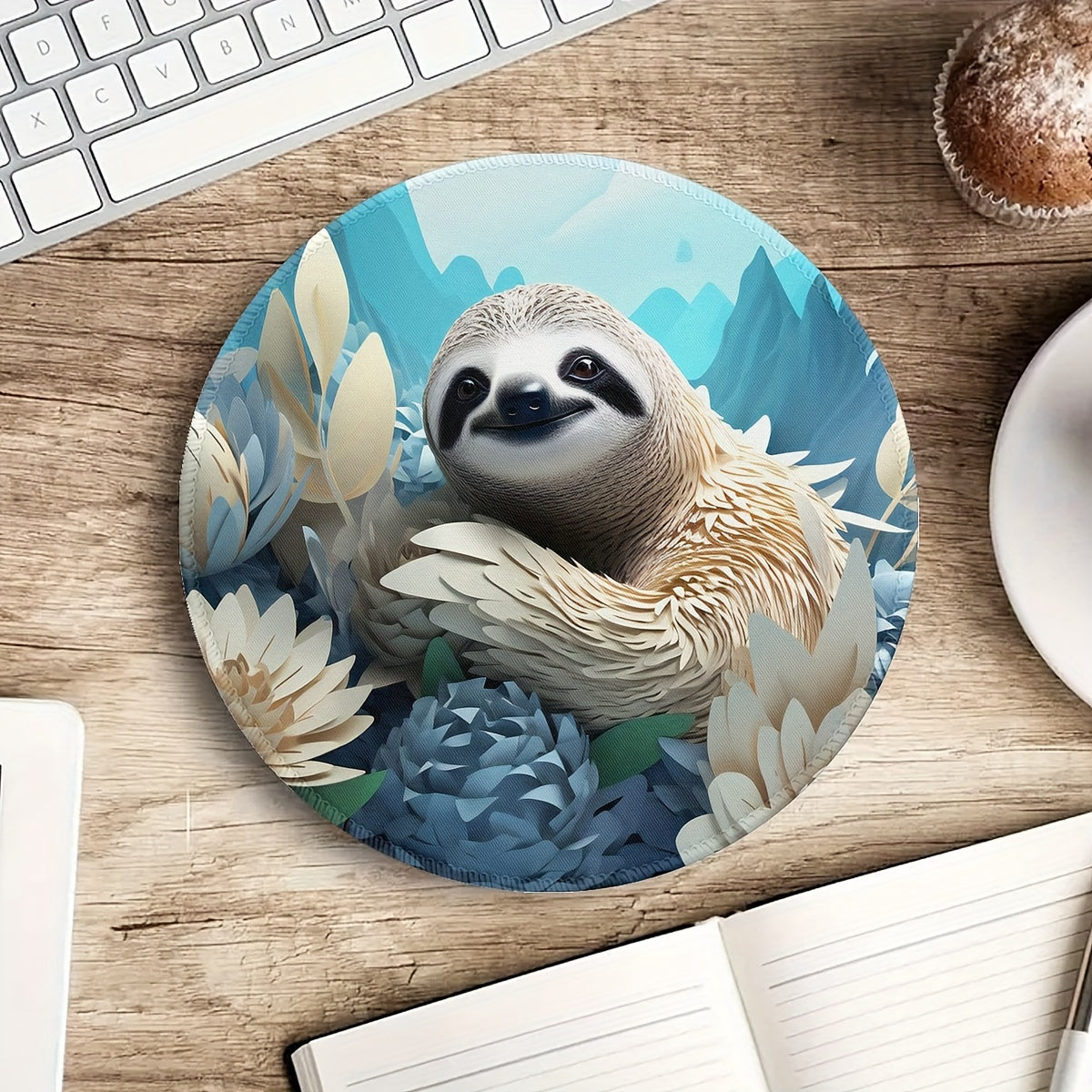 Round Sloth Pattern Mouse Pad with Stitched Edge for Home Office Desk