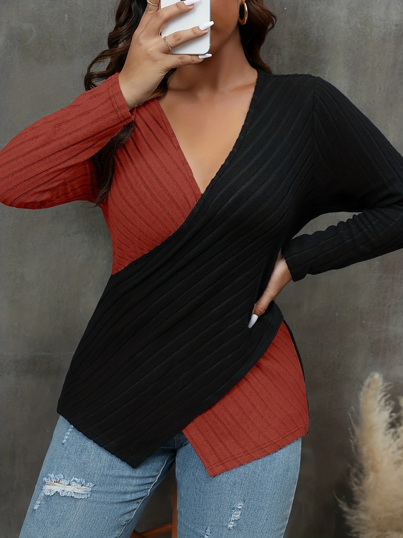  Colorblock Cross V Neck Knit Top Long Sleeve