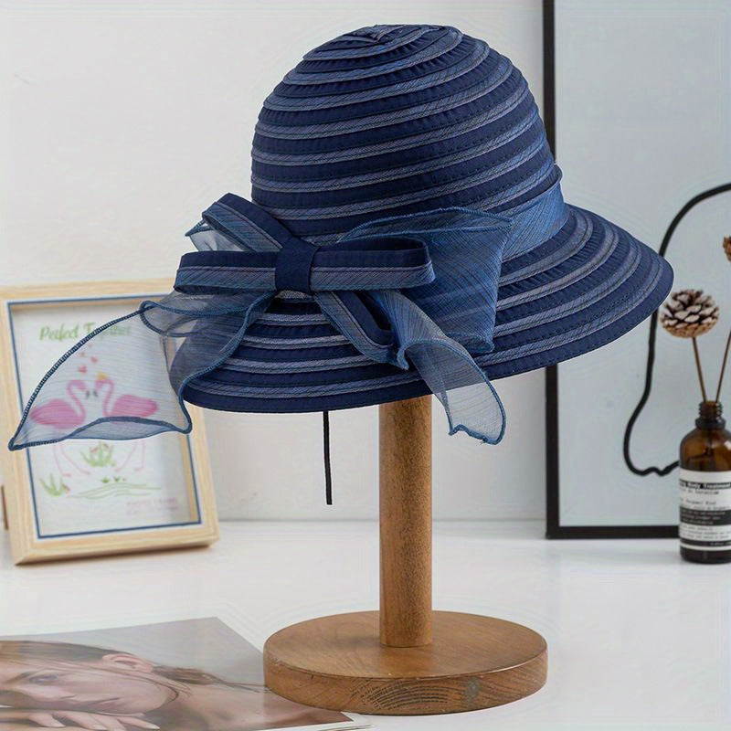 Striped Mesh Breathable Bucket Hats Bowknot Decor Foldable Basin Beach Hat